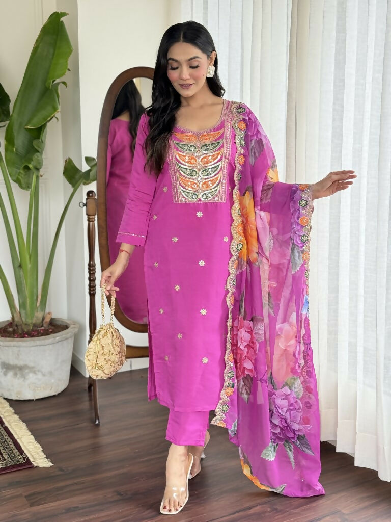 Light purple Viscose Chanderi Stitched Suit With Dupatta - Tanisha | Grocsy