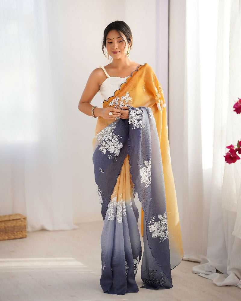 Orange and Grey Crunchy Crush Pedding Color Embroidery Work Party Wear Saree - Zuleika | Grocsy