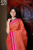 Very Much Indian Handloom Cotton Viscose Ilkal Saree With Pure Resham Pallu - Orange | Grocsy