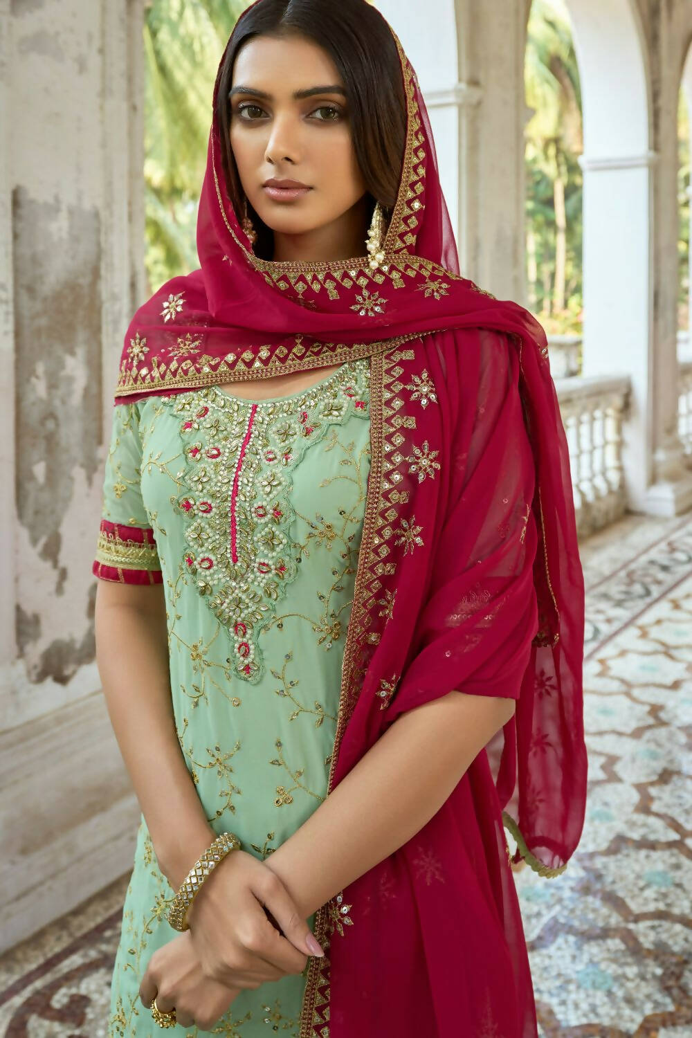 Sea Green Heavy Fox Georgette Embroidered Semi Stitched Suit - Dhvani | Grocsy