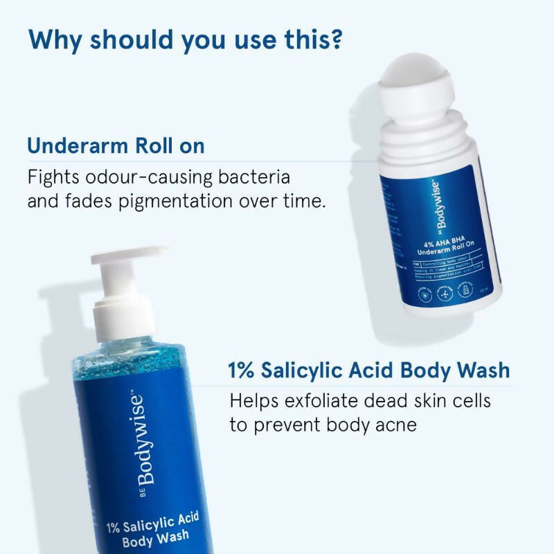 BeBodywise 1% Salicylic Acid Body Wash & 4% AHA BHA Underarm Roll On - Helps Exfoliate Skin | Grocsy
