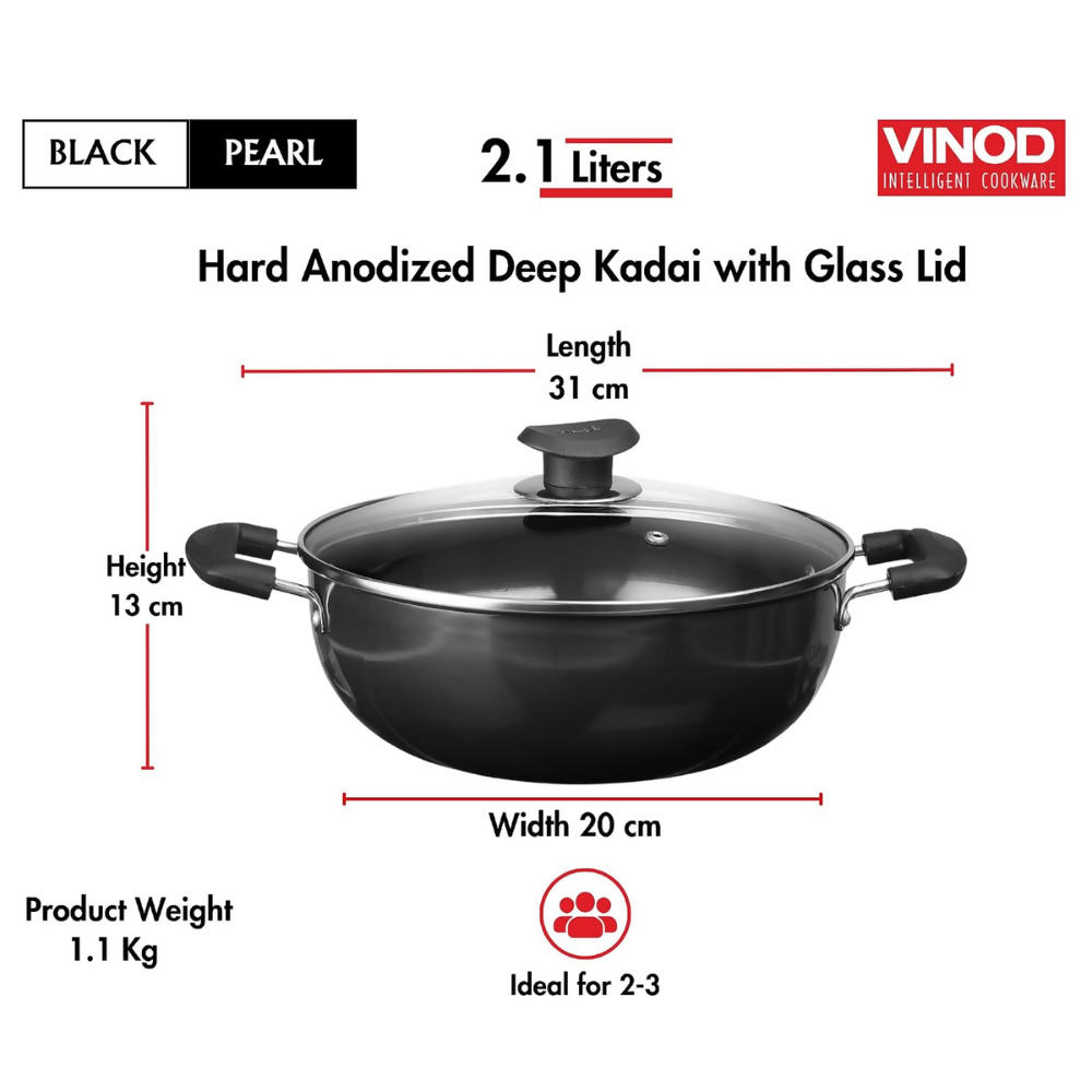 Vinod Black Pearl Hard Anodised Deep Kadai with Glass Lid | Grocsy