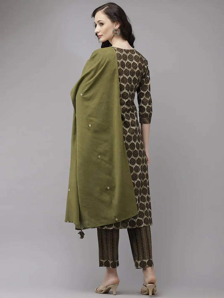 Yufta Women Olive Green Regular Pure Cotton Kurta with Palazzo & With Dupatta | Grocsy