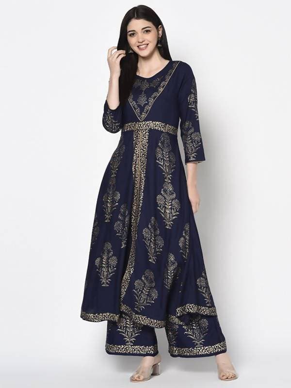 Aniyah Rayon Navy Blue Color Foil Print Anarkali Palazzo Set (AN-191K) | Grocsy