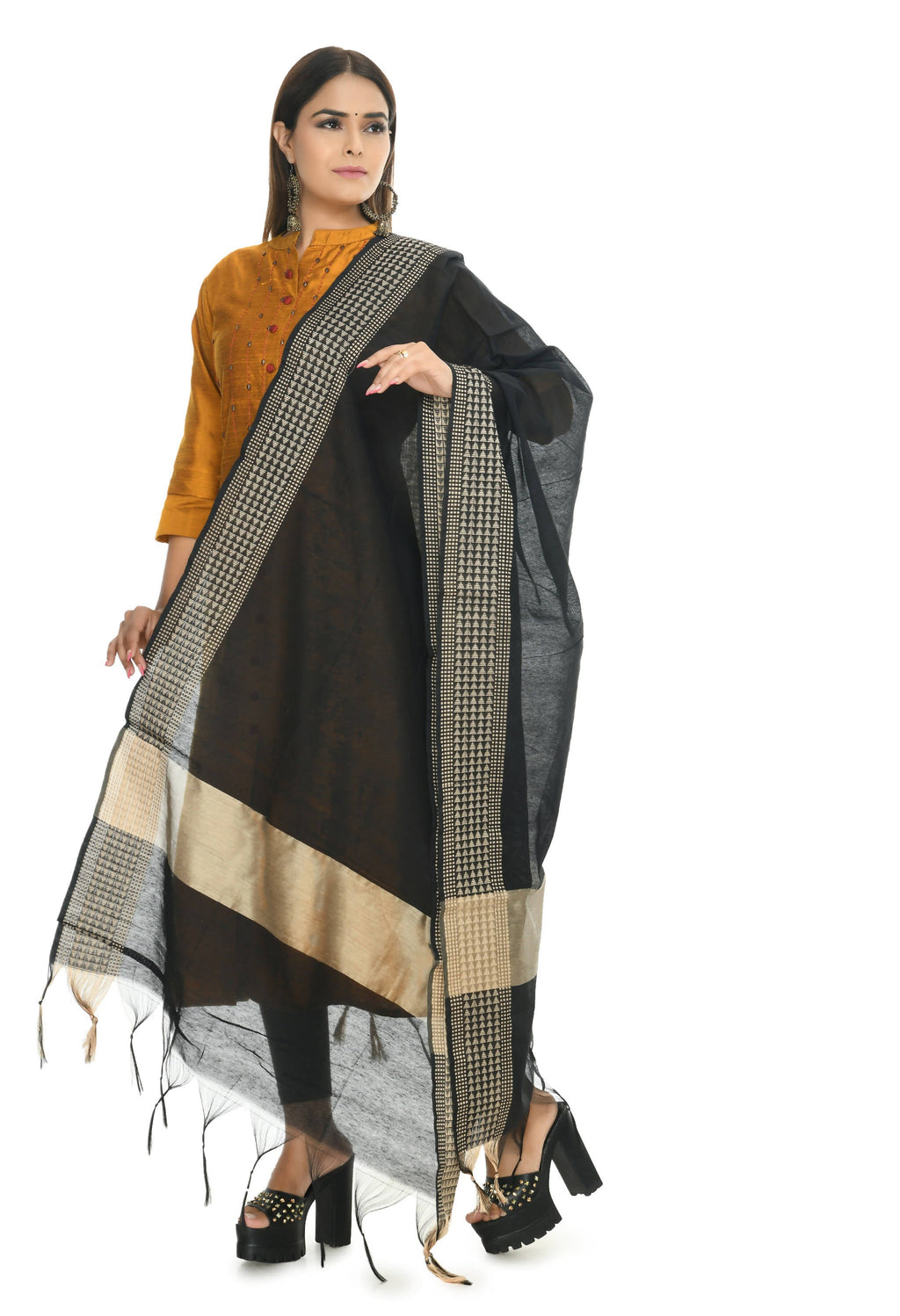 Mominos Fashion Moeza Women's Handloom Cotton Black Dupatta | Grocsy