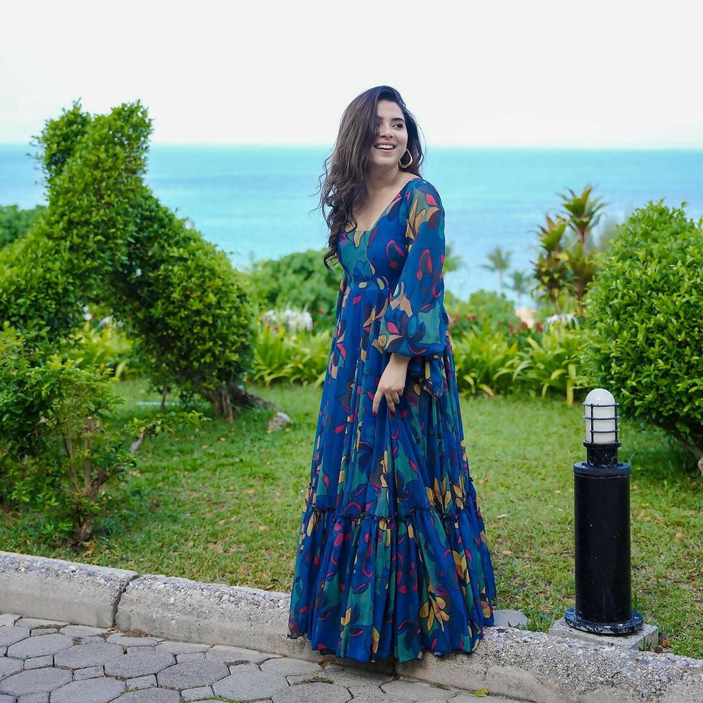 The52 Women's Gorgeous Printed work Georgette Fabric Flared Gown | Grocsy