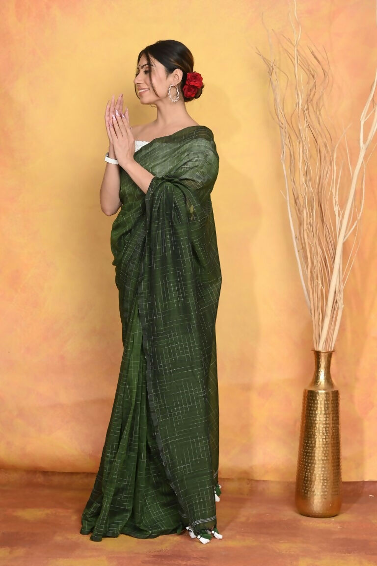 Very Much Indian Mul Cotton Khadi Design Handloom Woven Saree - Green | Grocsy