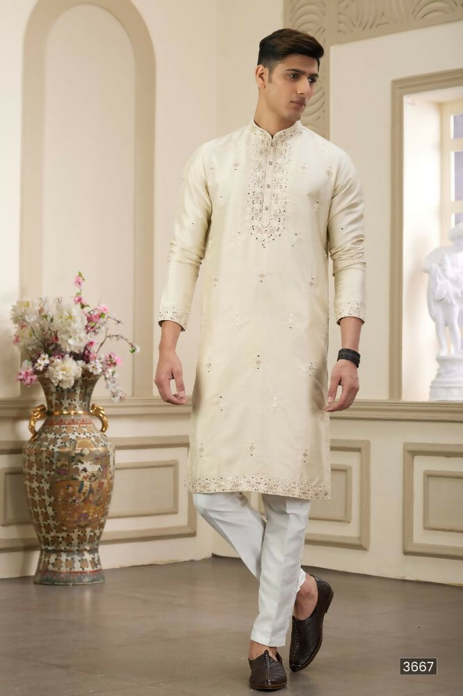 Raivat Ethnic Banarasi Art Silk Thread and Mirror Work Kurta Pajama In Beige Colour | Grocsy