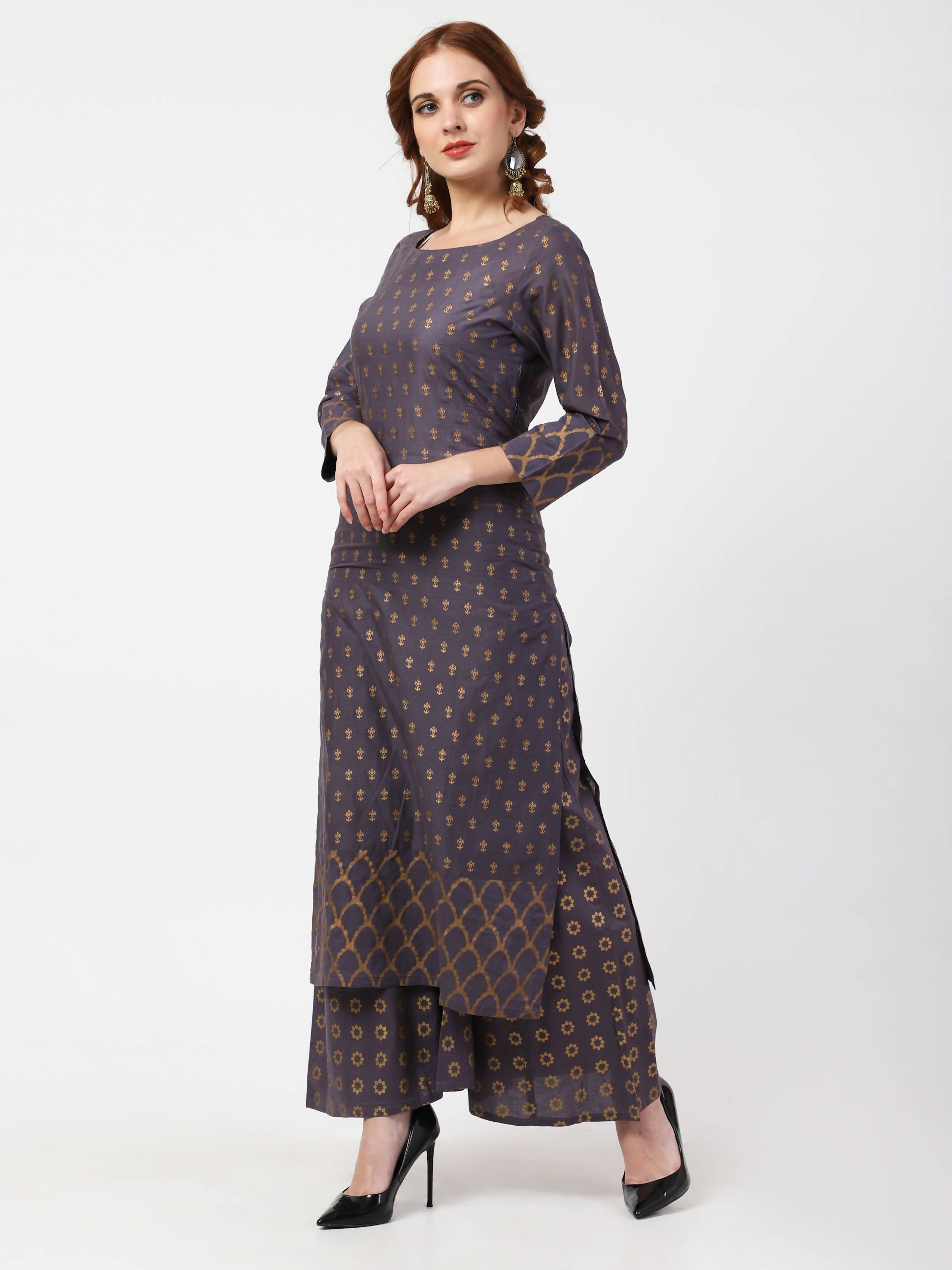 Cheera Printed Gray Kurta Palazzo Set (CH103KP) | Grocsy