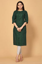 Dark Green Cottan Slub Embroidery Kurti - Umi | Grocsy