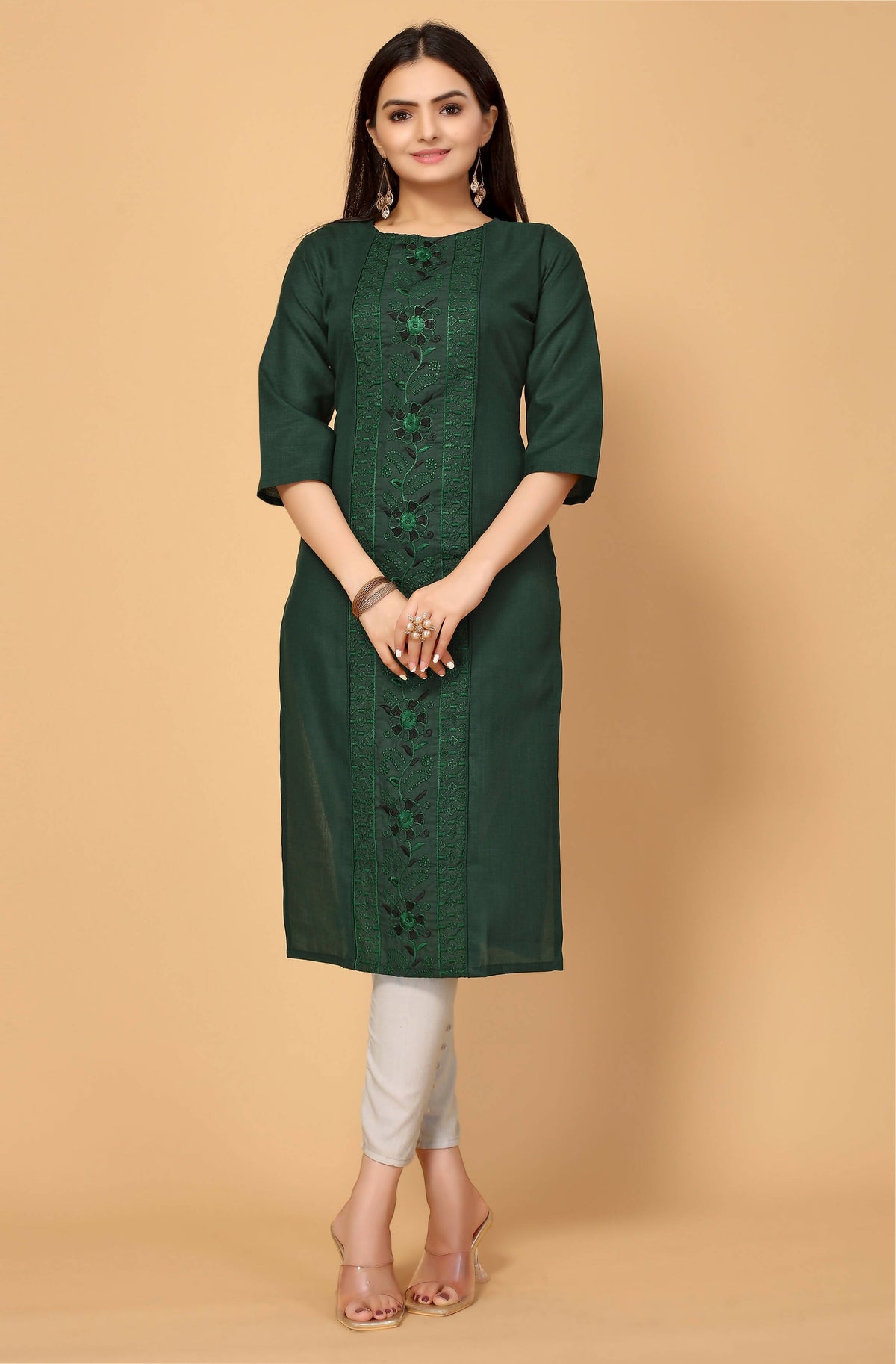 Dark Green Cottan Slub Embroidery Kurti - Umi | Grocsy