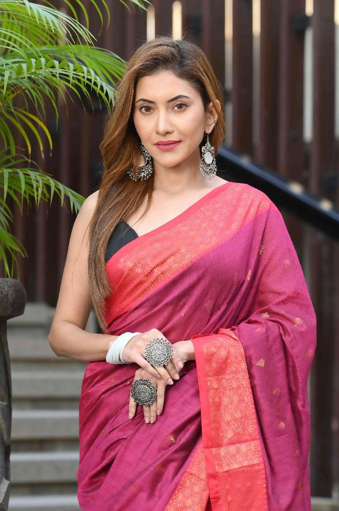 Beatitude Pink Cotton Banarasi Saree | Grocsy