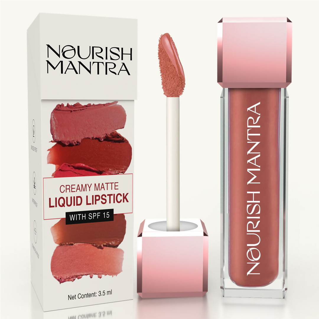 Nourish Mantra Liquid Lipstick Creamy Matte with SPF / Water Proof, Smudge Proof Shade -Tedha Medha Hazelnut | Grocsy