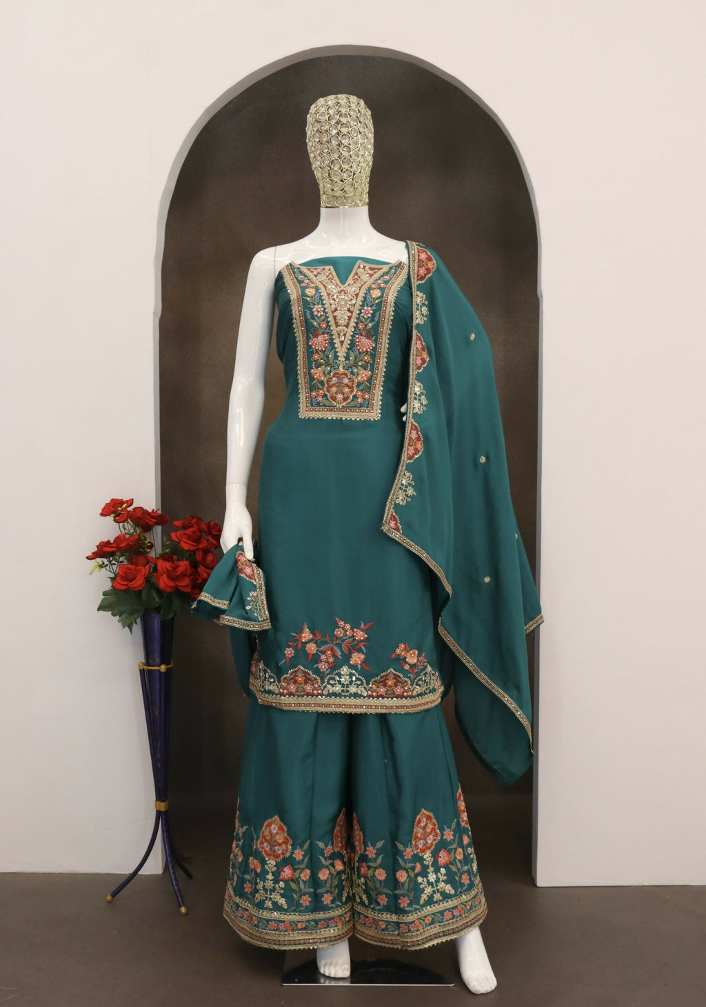 Anaita Teal Blue Chinon Stitched Suit with Embroidery Sequence Work | Grocsy