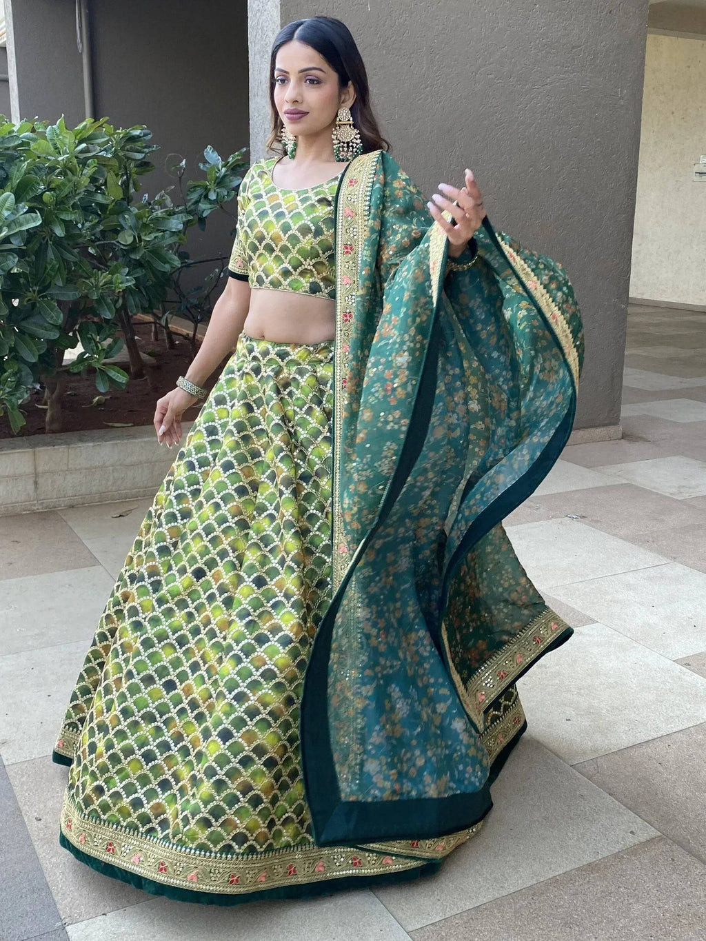Tulsi Art Outstanding Green Sequins Art Silk Sangeet Wear Lehenga Choli | Grocsy