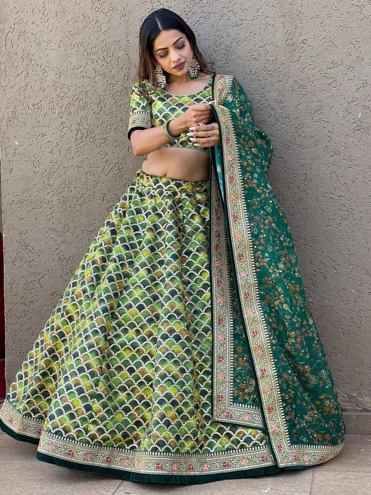 Tulsi Art Outstanding Green Sequins Art Silk Sangeet Wear Lehenga Choli | Grocsy