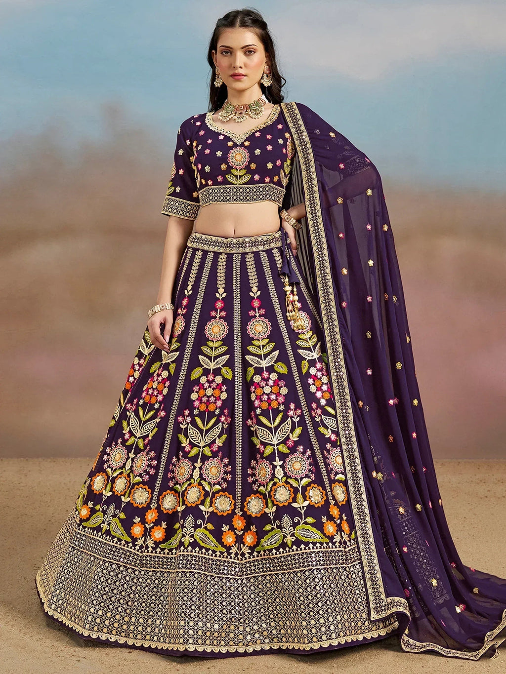 Tulsi Art Outstanding Purple Floral Embroidery Georgette Bridesmaid Lehenga Choli | Grocsy