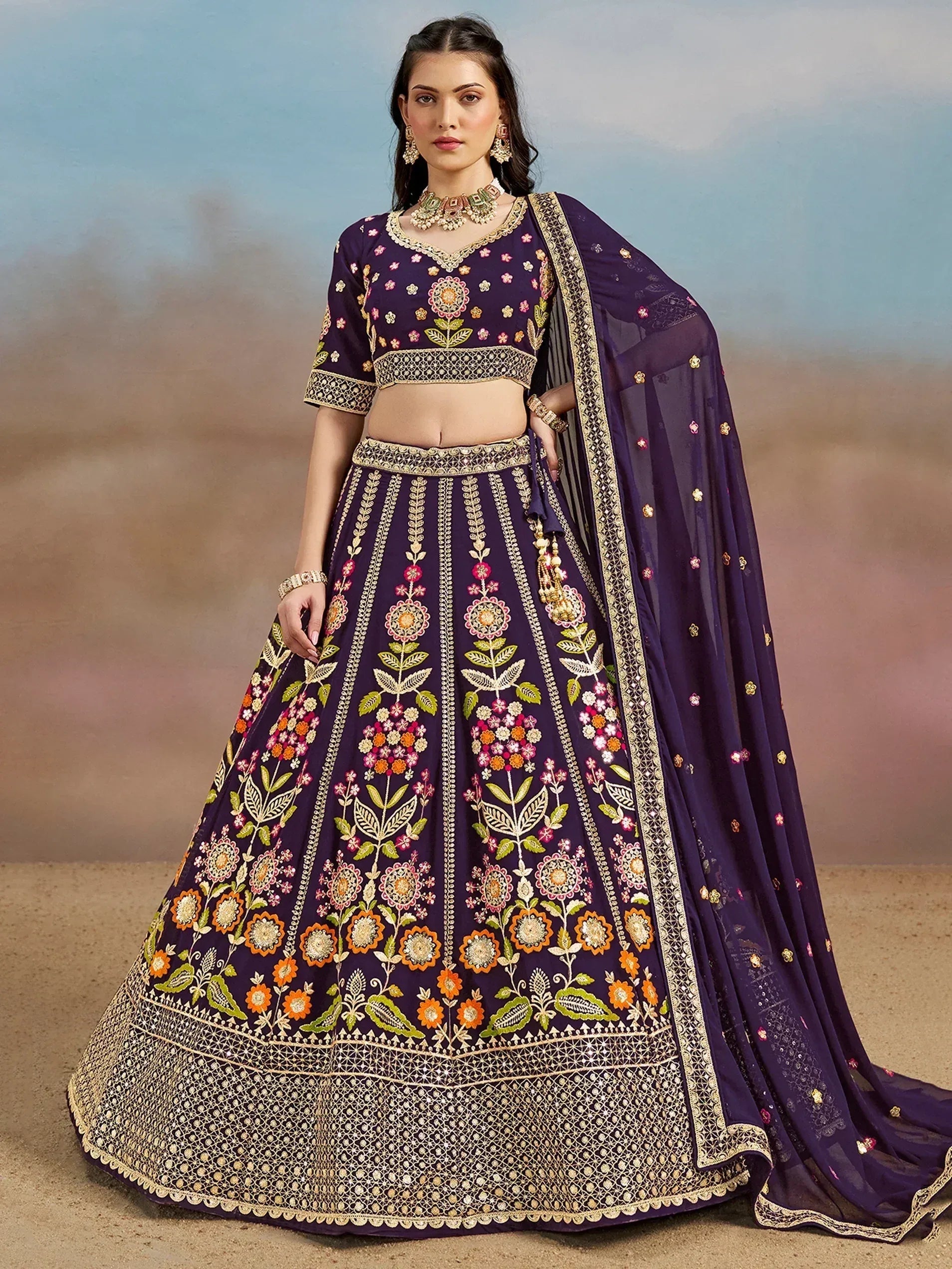 Tulsi Art Outstanding Purple Floral Embroidery Georgette Bridesmaid Lehenga Choli | Grocsy