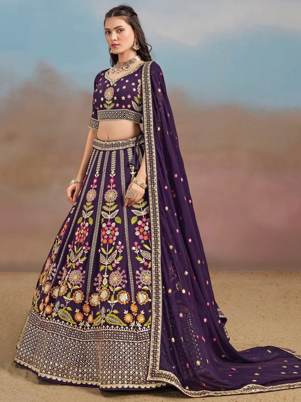 Tulsi Art Outstanding Purple Floral Embroidery Georgette Bridesmaid Lehenga Choli | Grocsy