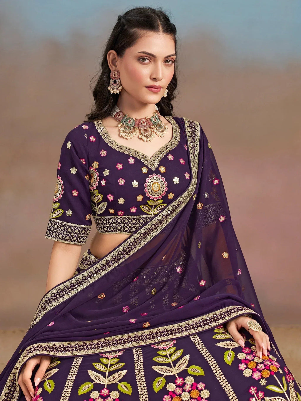 Tulsi Art Outstanding Purple Floral Embroidery Georgette Bridesmaid Lehenga Choli | Grocsy