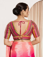 Joban Fashion Pink Multi Brocade Padded Blouse With V Neck Elbow Sleeves | Grocsy