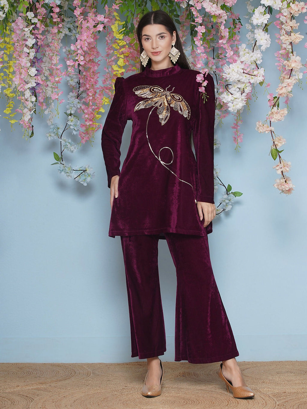 Joban Fashion Wine Velvet Hand Embellished Coord Set | Grocsy