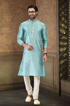 Raivat Ethnic Jacquard Banarasi Silk Thread Work Kurta Pajama In Sky Blue Colour | Grocsy