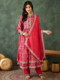 The52 Women's Beautiful Printed Work Rayon Fabric Flared Kurta Pant and Dupatta Set-Red | Grocsy