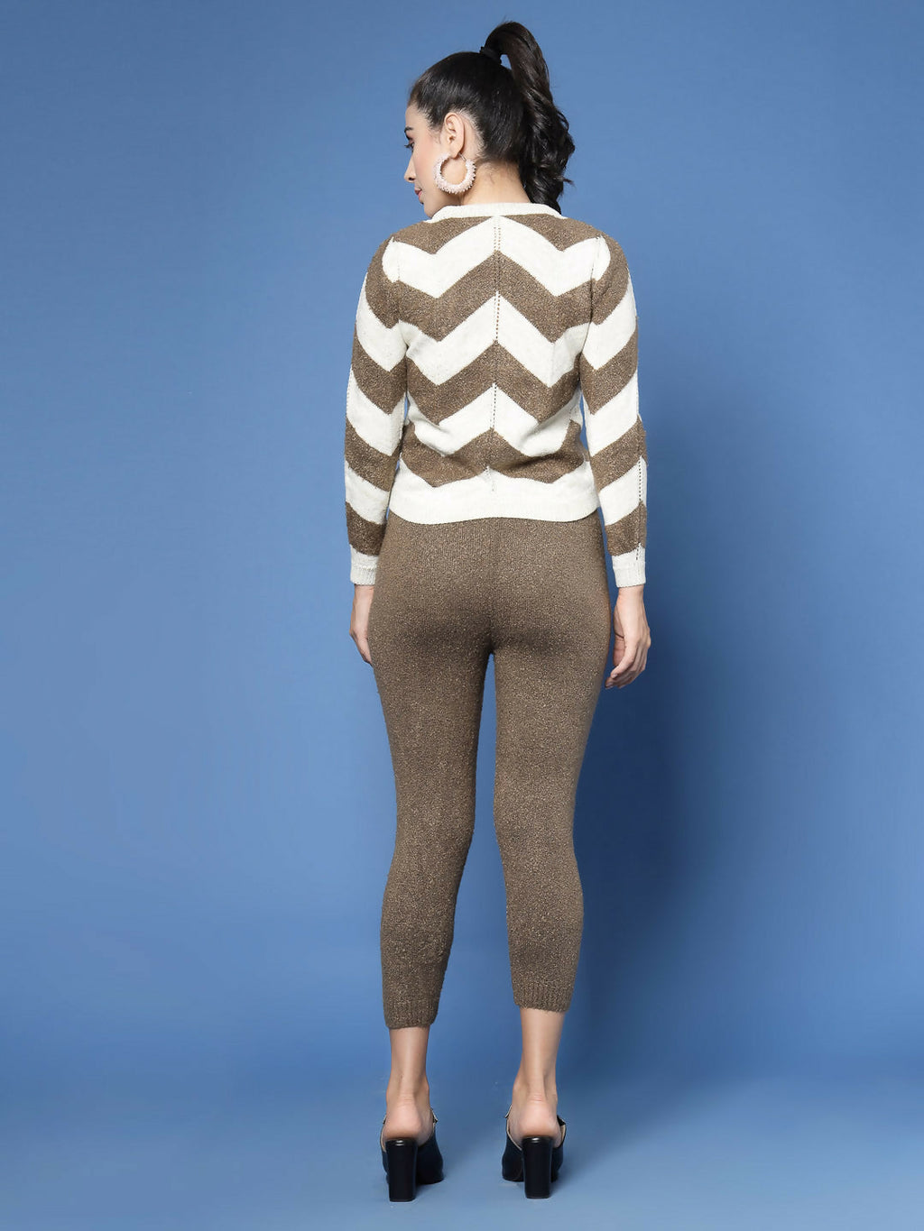 Women Cream Acrylic Stripe & Solid Winter Co-Ord Set - Wool Trees | Grocsy