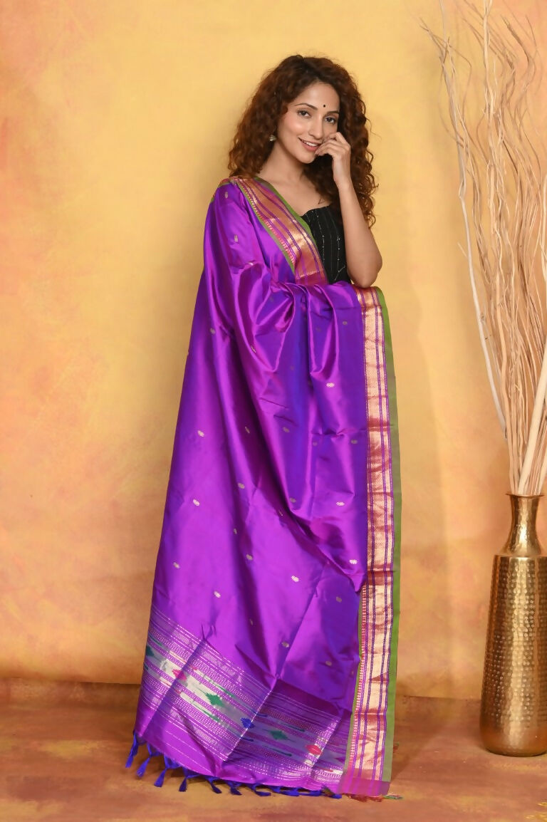Very Much Indian Pure Silk Handloom Traditional Paithani Dupatta - Violet | Grocsy