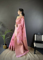 Joban Fashion Pastel Pink Floral & Paisley  Linen Silk Banarasi Saree | Grocsy