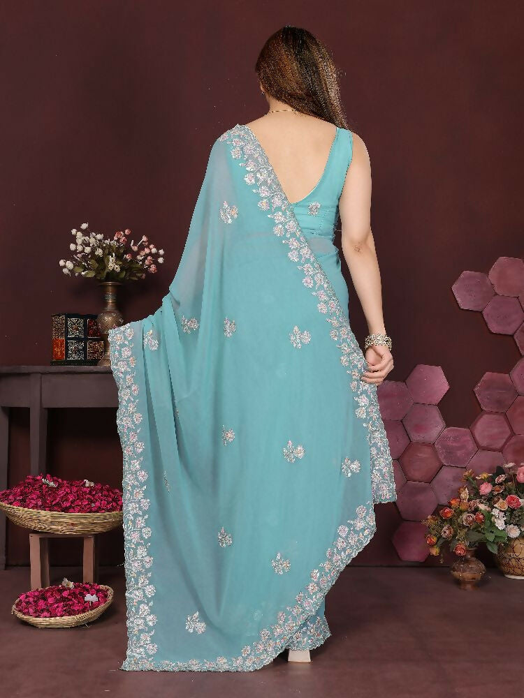 PR Fashion Turquoise Georgette Embroidery Work With Embroidery Work Blouse Saree | Grocsy