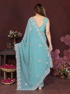PR Fashion Turquoise Georgette Embroidery Work With Embroidery Work Blouse Saree | Grocsy