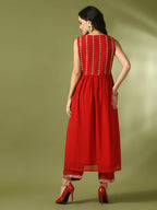 Myshka Women's Red Embroidered Georgette Anarkali Party Kurta Set | Grocsy