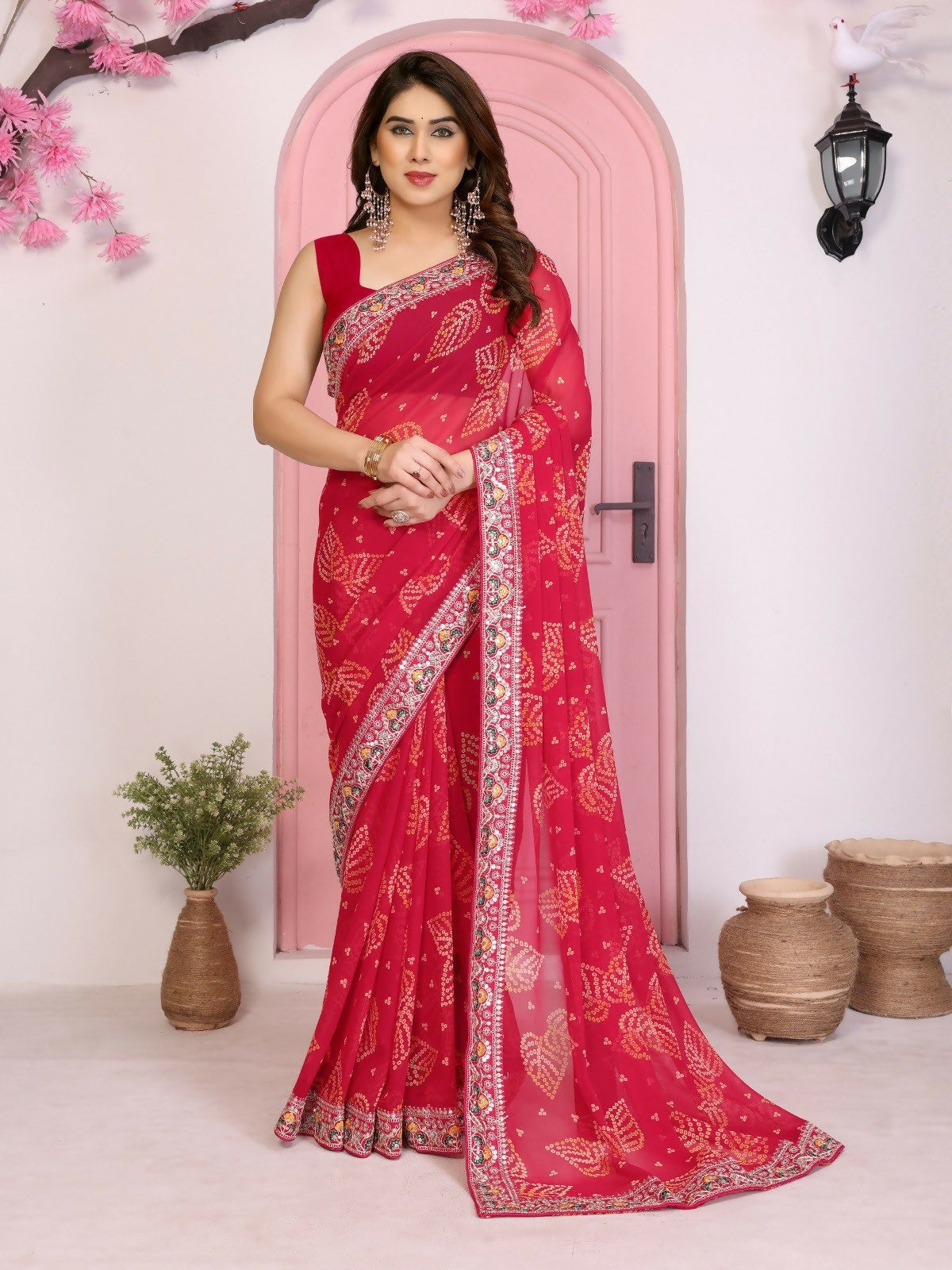 Ai Fashion Magenta Georgette Rajwadi Bandhani Print Party Wear Saree | Grocsy