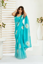 Vastranavya Sky Blue Digital Printed Linen Ready To Wear Designer Saree with Unstitched Blouse | Grocsy