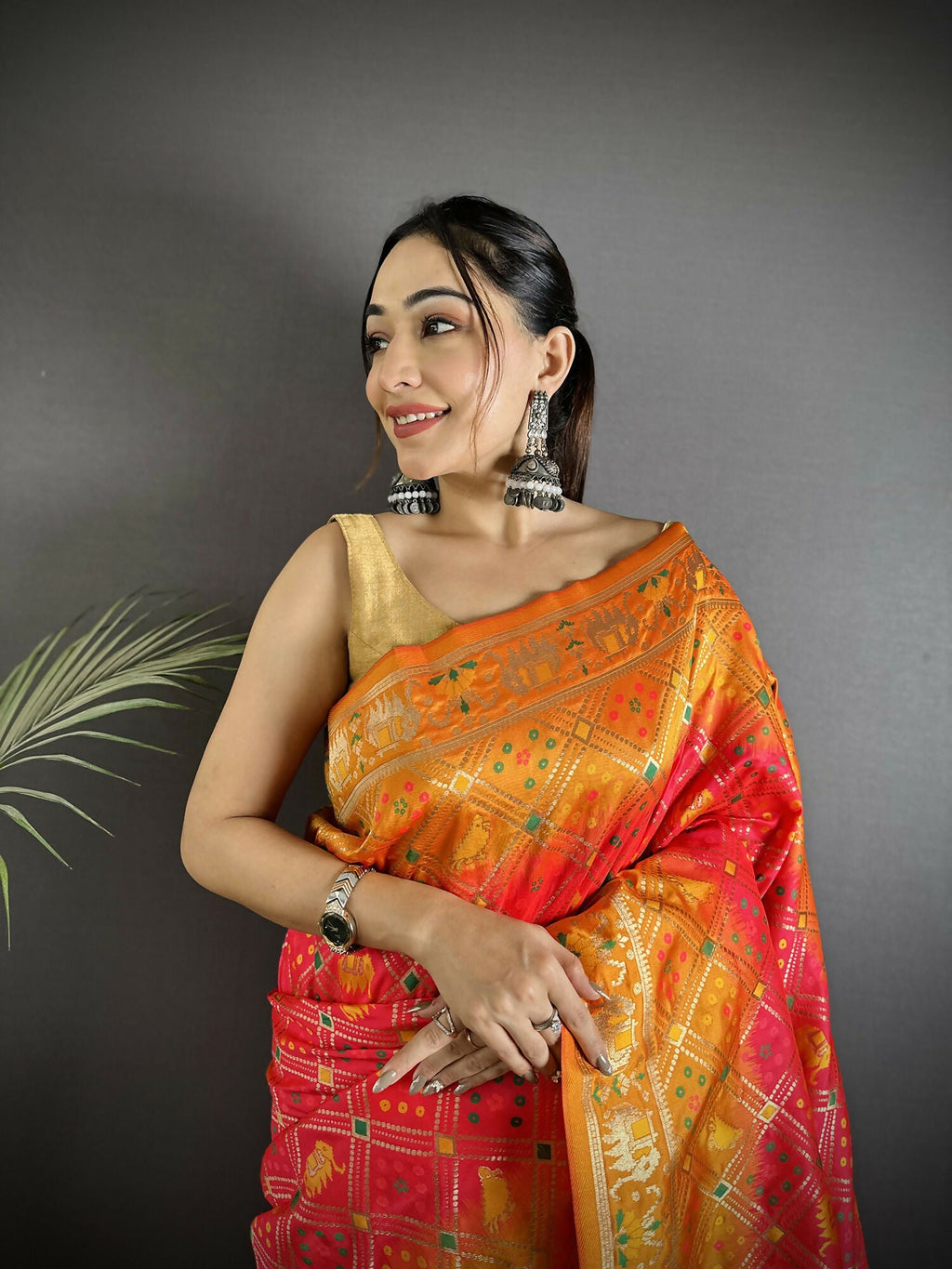 Joban Fashion Pastel Orange Geometric Pattern Soft Silk Patola Saree | Grocsy