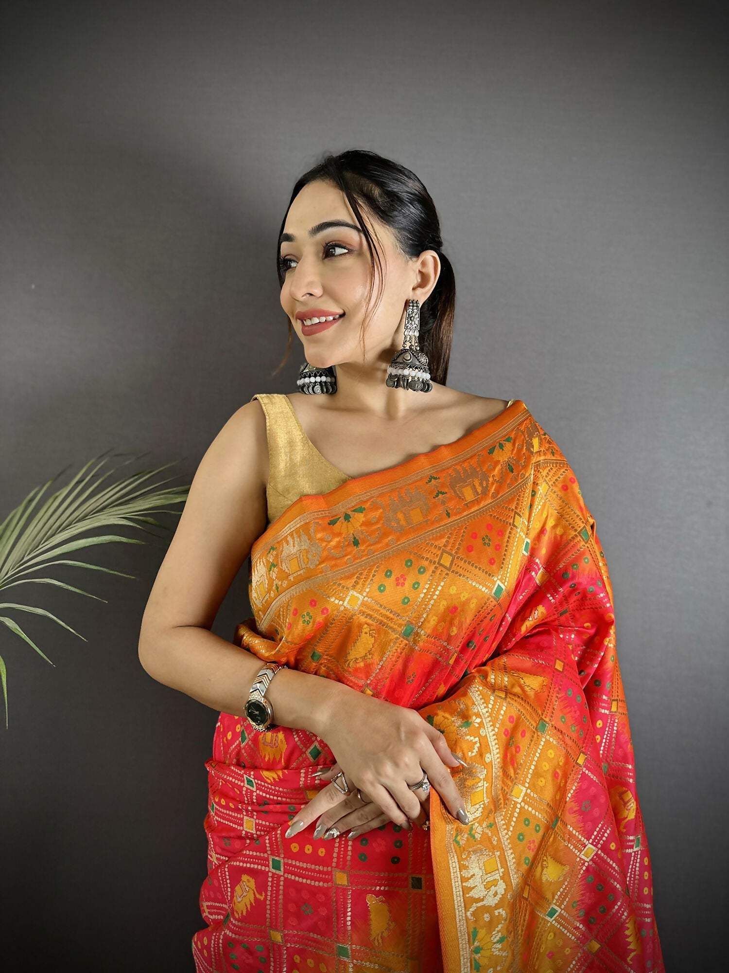 Joban Fashion Pastel Orange Geometric Pattern Soft Silk Patola Saree | Grocsy