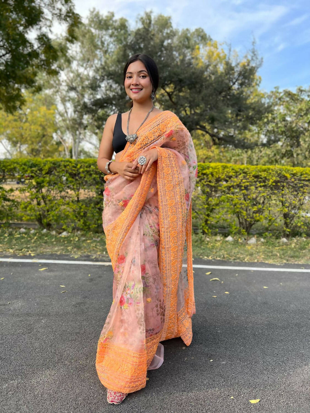 Vamsee Orange Organza Saree | Grocsy