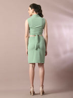 Myshka Women's Sea Green Solid Shawl Neck Party Top With Skirt Co-ord set | Grocsy