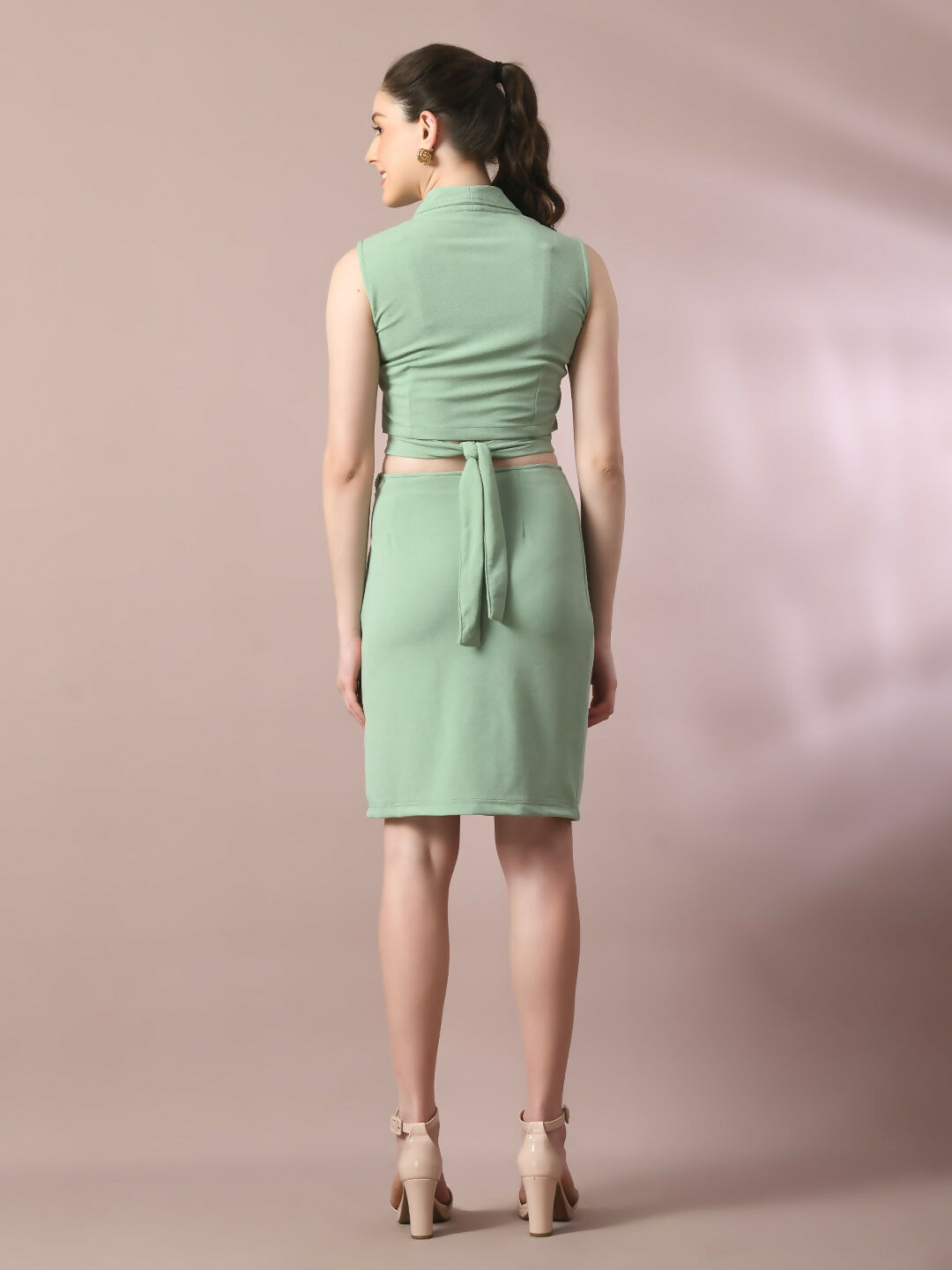 Myshka Women's Sea Green Solid Shawl Neck Party Top With Skirt Co-ord set | Grocsy