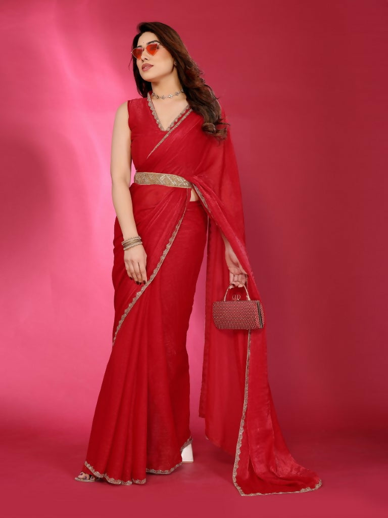PR Fashion Red Jimmy Choo Fabric Palin With Work Lace Saree | Grocsy