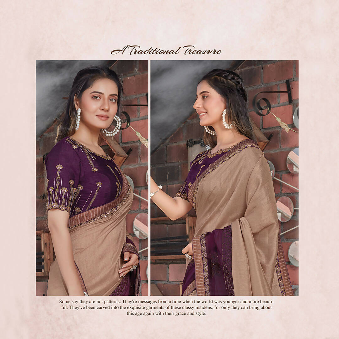 Beige, Purple Colored Tussar Silk Embroidered Saree With Blouse - Norita Royal Adveka | Grocsy