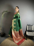 Joban Fashion Bottle Green Woven Butti Soft Silk Banarasi Silk Saree | Grocsy