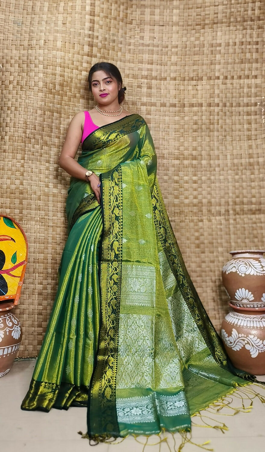 Exclusive Collection Green Beautiful Tissue Benarasi Saree | Grocsy