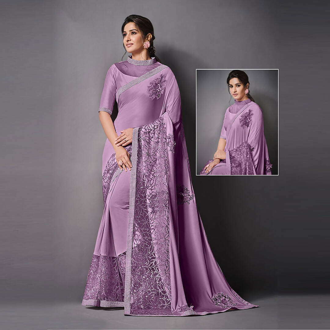 Purple Lycra Raw Silk Sequins Embroidery, Applique Work Saree - Norita Eileen | Grocsy