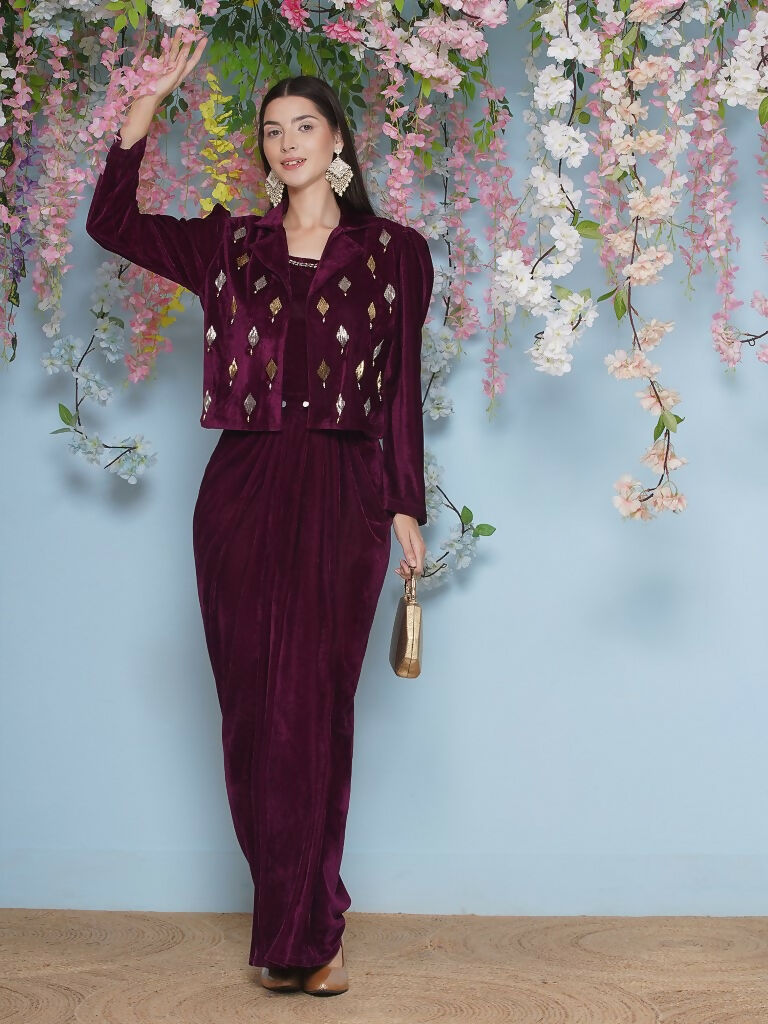 Joban Fashion Wine Hand Embellished Jacket with inner and skirt | Grocsy