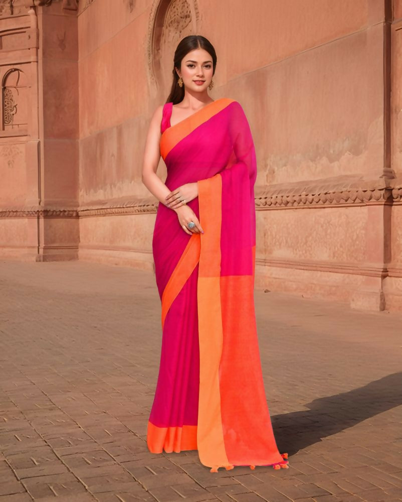 Joban Fashion Women Orange & Pink Trendy Cotton Saree | Grocsy