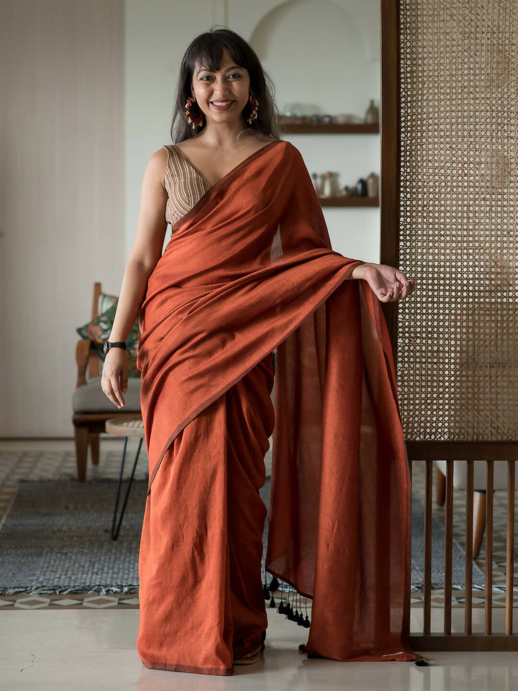 Suta Rust Solid Cotton Blend Saree | Grocsy
