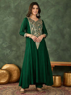 The52 Women's Beautiful Embroidery Work Vichitra Silk Fabric Flared Kurta Pant and Dupatta Set | Grocsy